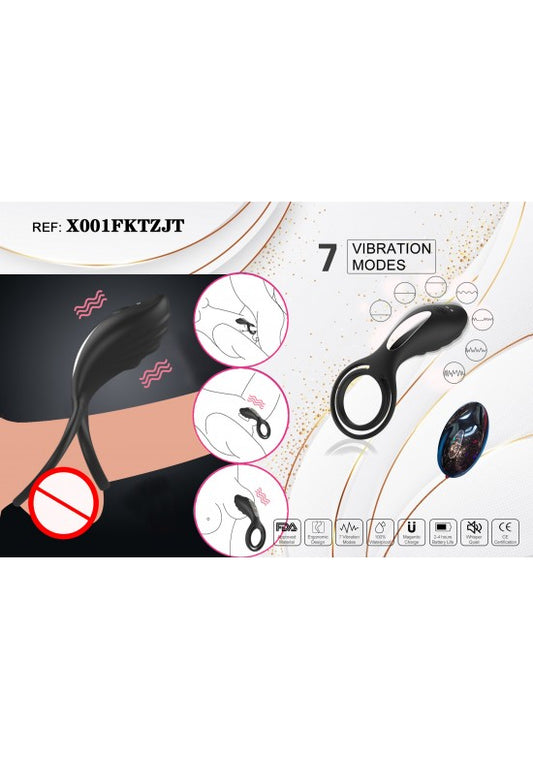 Anillo vibrador de silicona negra con mando a distancia inalámbrico y 7 modos de vibración