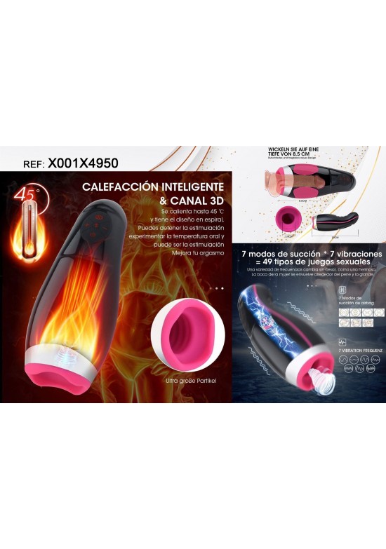 Masturbador masculino eléctrico con calefacción y canal 3D en espiral, diseño bicolor negro y rosa