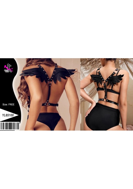 Harness de espalda negro con alas decorativas de plumas sintéticas y aro metálico